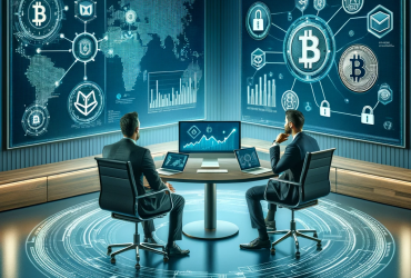 professional and inviting consulting office environment with a digital screen displaying graphs and crypto statistics. The room is well-lit